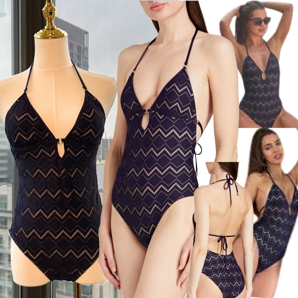 🆕 ZIMMERMANN 🧿NWOT Pointelle-Knit Halterneck Swimsuit, Plum-Navy, Sz 3 US 8/10